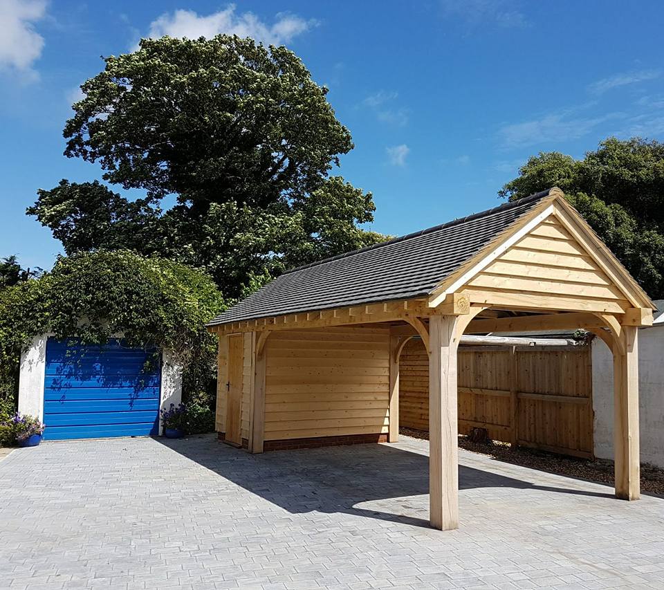 Solid oak garage with storage shed